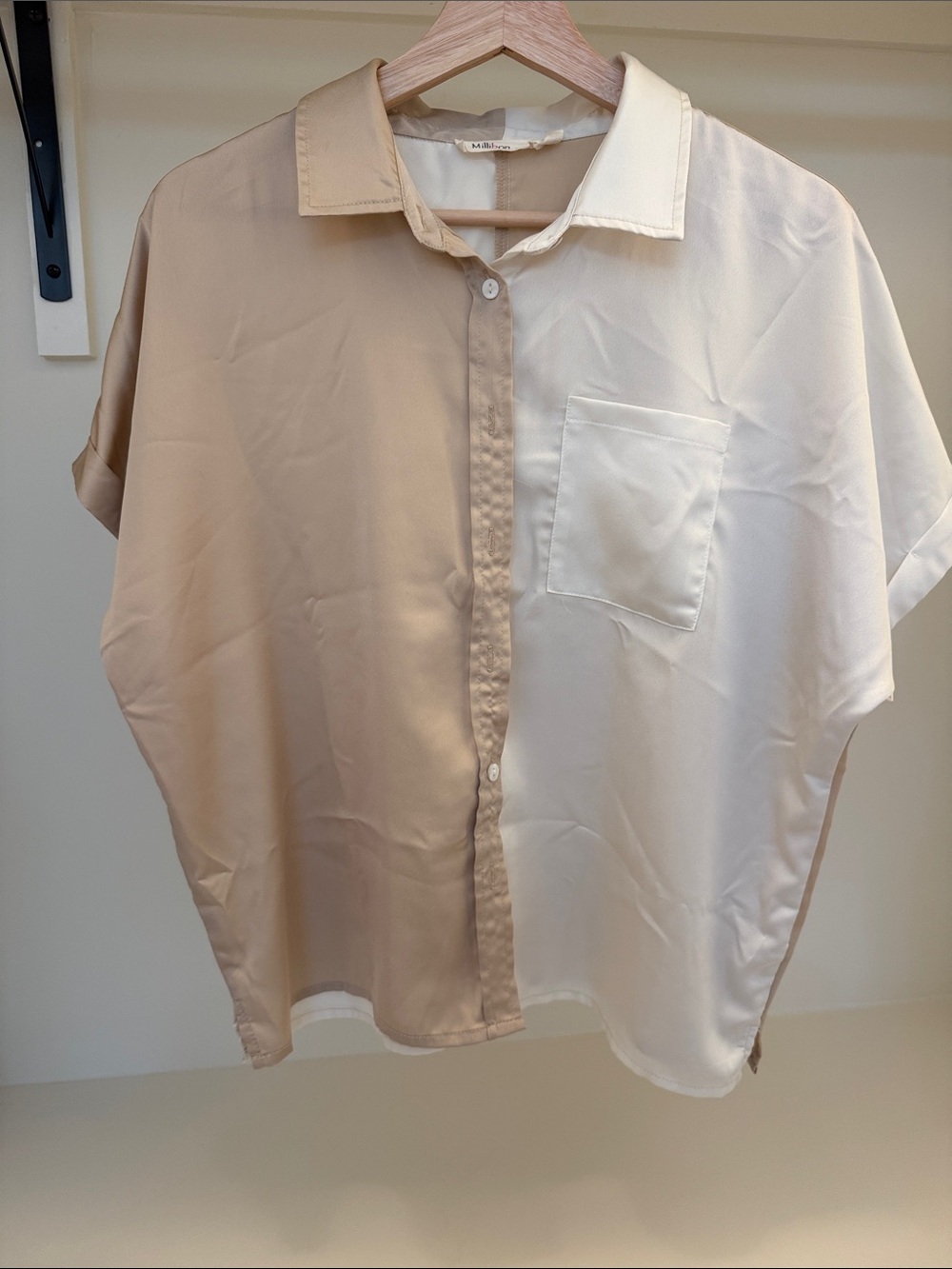 Two-Tone Beige & Cream Short-Sleeve Button-Up Shirt